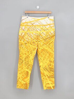 AKRIS Yellow Abstract Print Cropped Pants Cotton Blend Stretch Size US 16